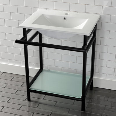 Kingston Brass Sheridan 24-Inch Ceramic Console Sink with Stainless Steel Legs and Glass Shelf (1-Hole)