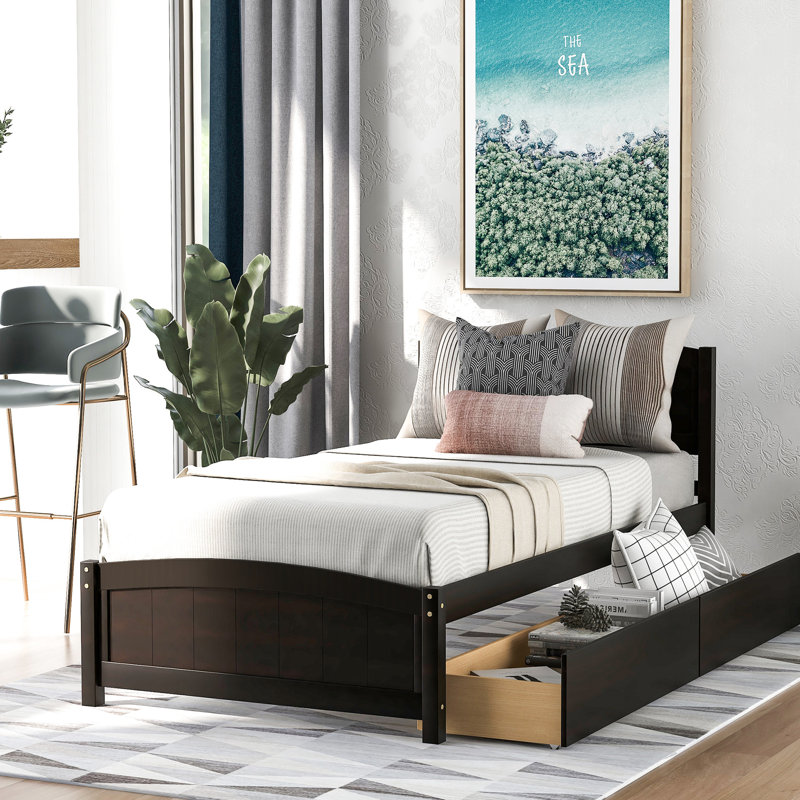 Lit plateforme simple avec deux tiroirs fonctionnels - Bois massif solide pour une chambre à coucher confortable - Tiroirs colorés et pratiques