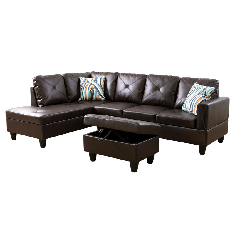 Faux Leather L-Shaped Sectional Left Hand Facing, Dark Brown Faux Leather, Left Hand Facing