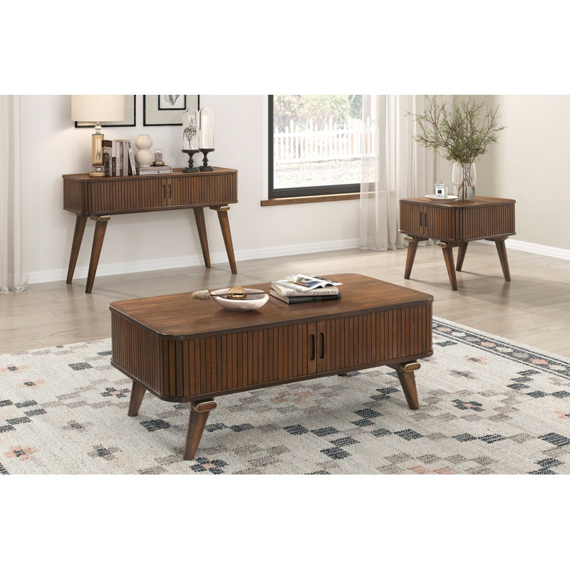 1 table de rangement avec portes en tambour finition noyer et 2 tablettes