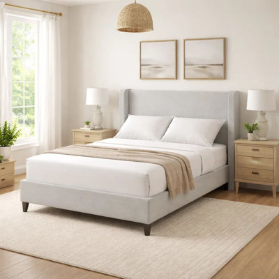 Heny Queen Size Bed With Wingback Tall Headboard, Ivory Fabric Upholstery