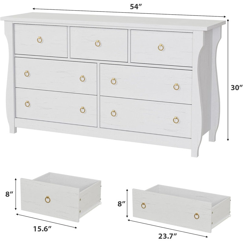 Commode de rangement autoportante en bois à 7 tiroirs de 54 po de largeur, ‎Blanc