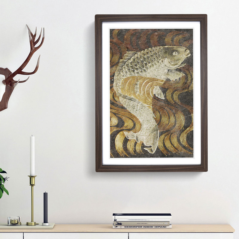 A Carp Fish Swimming Upstream - Single Picture Frame Painting, 63cm H x 45cm W x 2cm D, Walnut Framed