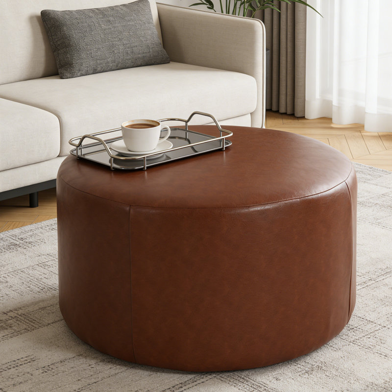 Upholstered Round Ottoman,PU Leather,Brown, Brown