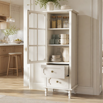 Minimalism Buffet Cabinet with  Glass Doors and Double Drawer, Modern Wooden Storage Sideboard Cupboard for Living room, Dining Room Hallway Entryway