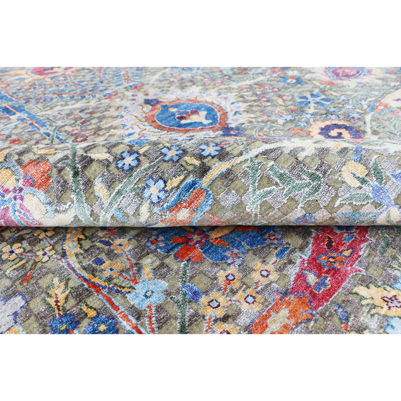 Hand Knotted Oriental Area Rug in Camel/Gray/Blue, Rectangle 8' x 10'