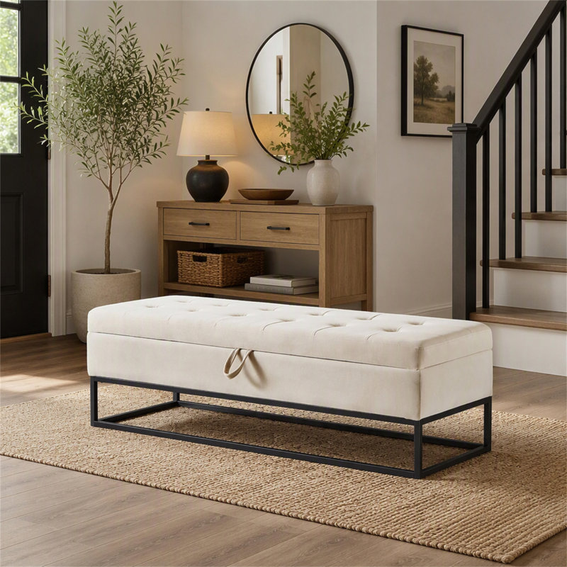 Base de lit en métal avec velours beige 58,6 po, Beige / look rétro, Beige