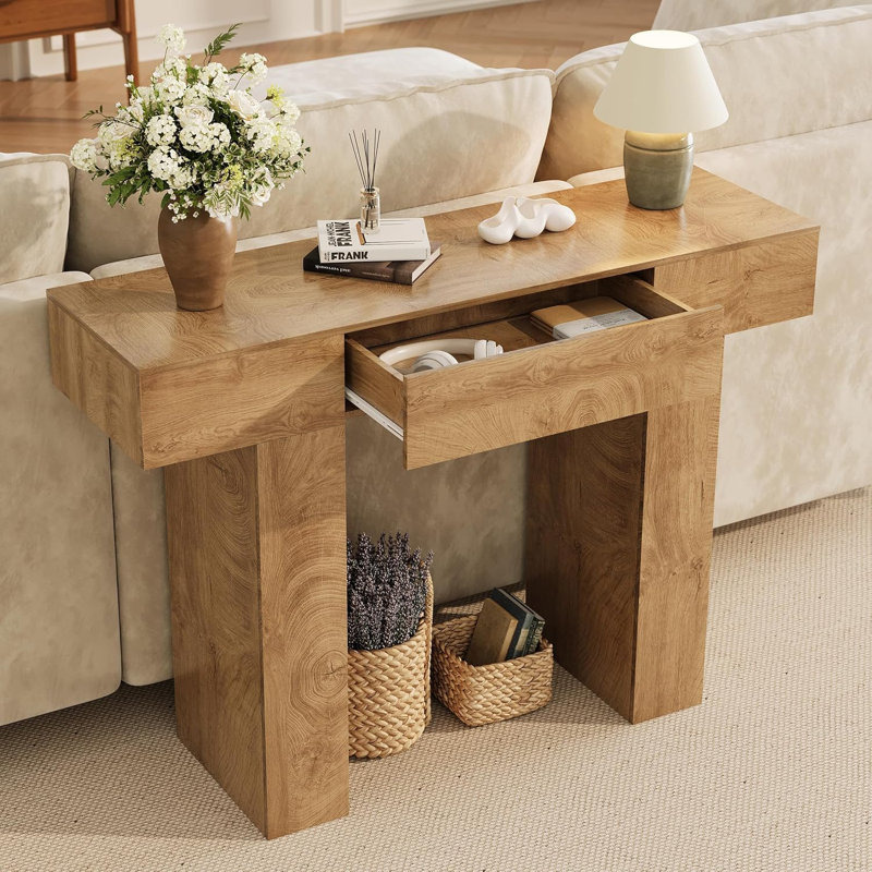 Table d'entrée en bois avec tiroirs, tables de canapé de 47 pouces derrière le canapé, console industrielle pour entrée, salon, vestibule, couloir, table d'entrée couleur chêne