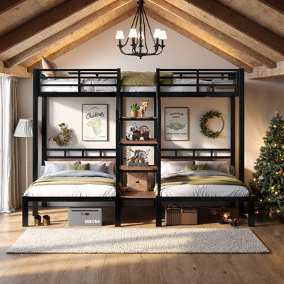 Triple Metal Bunk Bed With Storage Shelves And Stairs For Shared Sleeping Space,Twin over Twin over Twin