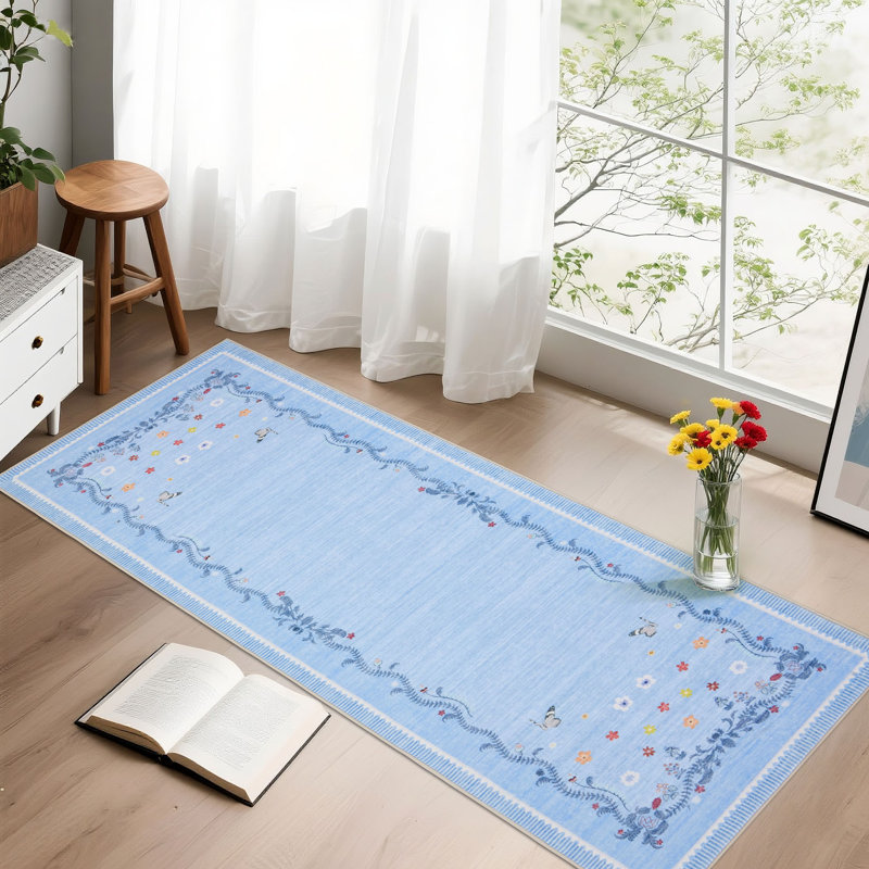 Tapis à bordure Clover Petal pour chambre à coucher et salon, Bleu, 2 x 6 pi