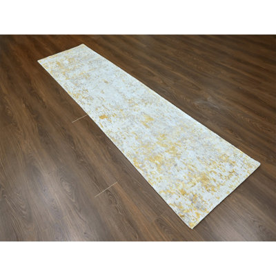 Tapis oriental beige 2 pi 6 po x 9 pi 9 po avec motif abstrait en laine et soie à poils longs et courts, tissé dense, noué à la main