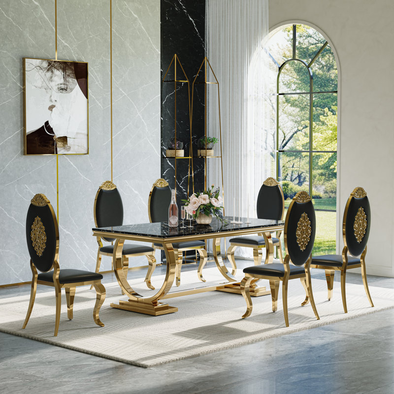 Ensemble de salle à manger 7 pièces 7 pièces, 7 pièces: table, 6 chaises, Noir / noir / or