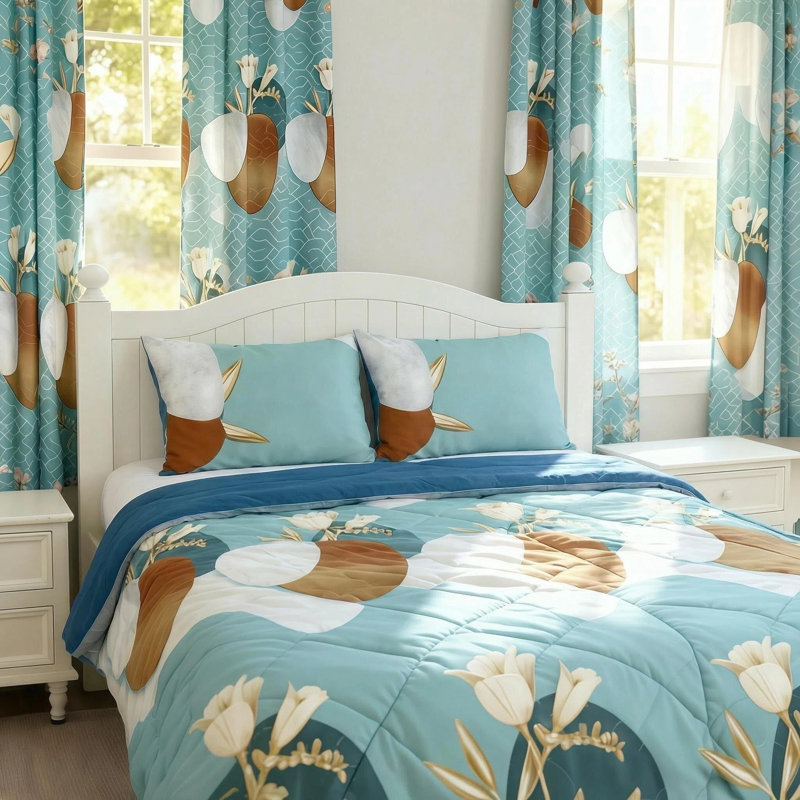 King Size 9-Piece Teal & Gold Floral Vase Bedding & Curtain Set (King) - Quilted Microfiber Bedspread + Sheer Drapes