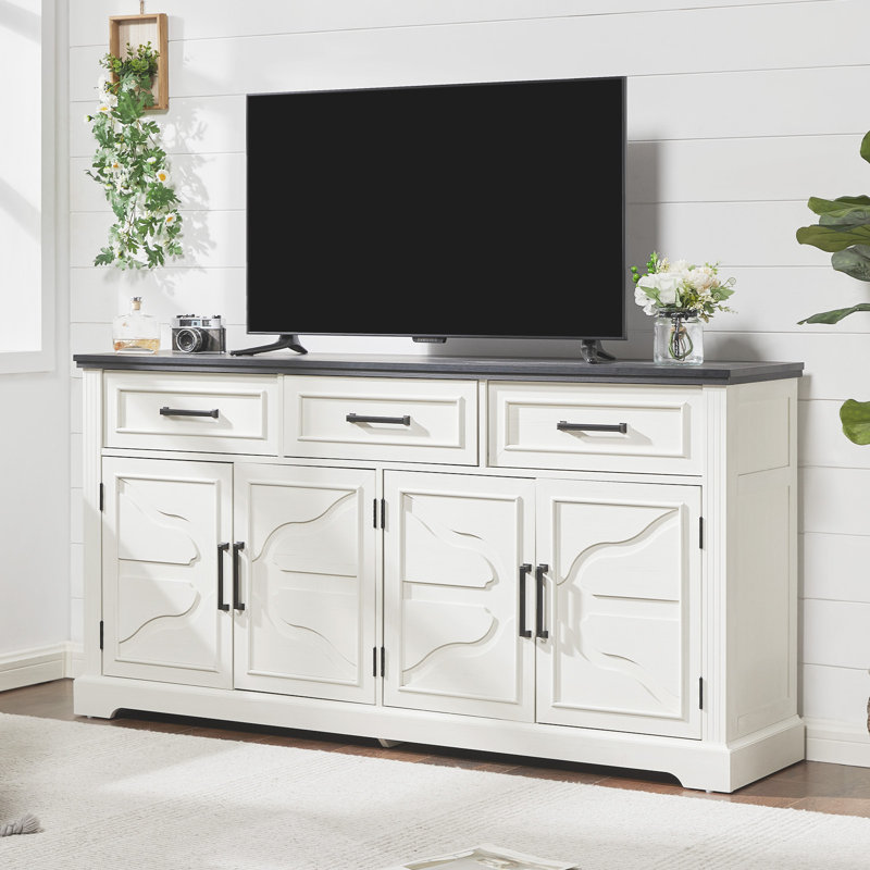 63" Farmhouse Sideboard Buffet Cabinet With 3 Drawers And 4 Doors, White
