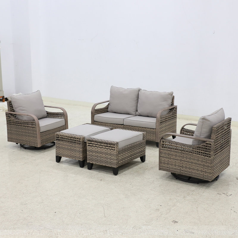 5-Piece Brown Wicker Outdoor Sofa Seating Group with Gray Cushions