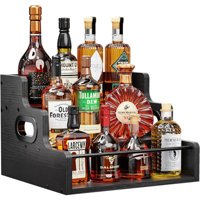 3 Tier Countertop Liquor Rack, Retro Wooden Wine And Syrup Display Shelf, Compact Mini Bar Organizer For Spirits And Coffee