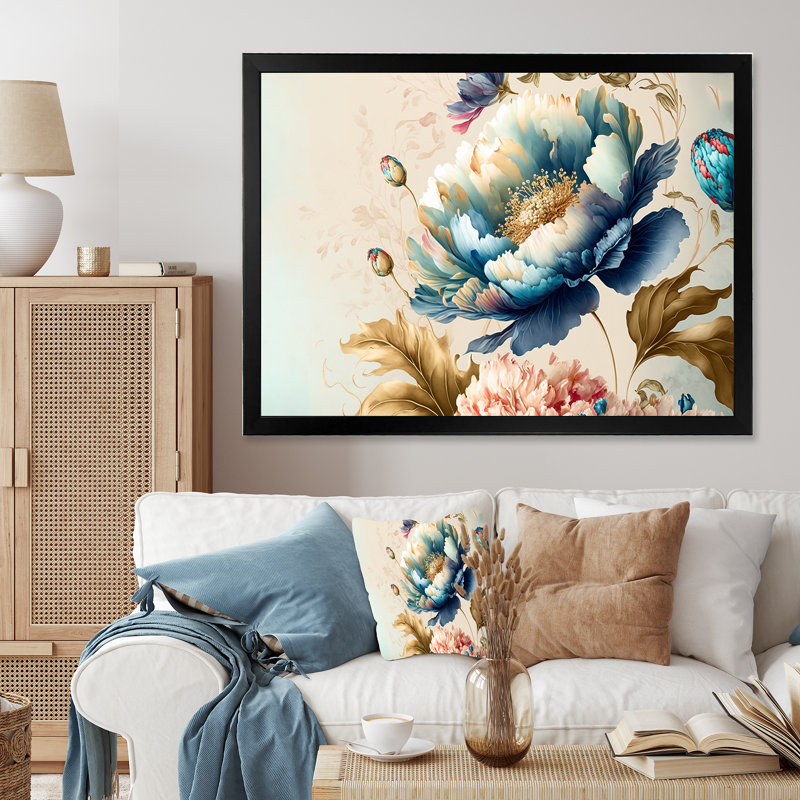 «Blue and Gold Floral Bunch I», peinture sur toile, Cadre simple noir, H 12 po x l 20 po x P 1 po