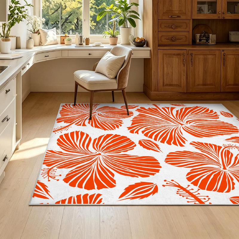 Orange Tropical Hibiscus Flowers Colors Watercolor White Abstract Art Machine Washable Indoor Area Rug, Rectangle 55" x 79"