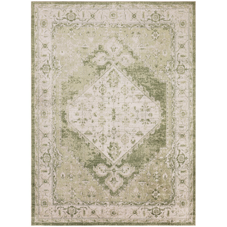 Haydel Oriental Machine Washable Power Loom Polyester Area Rug in Ivory/Green