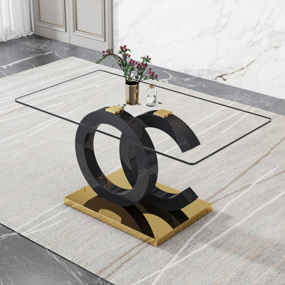 Grande table de salle à manger rectangulaire moderne en verre minimaliste pour 6 à 8 personnes avec plateau de table trempé de 0,39 po, support en forme d'oc noir et base en métal doré, cuisine idéale, siège, plateau, support