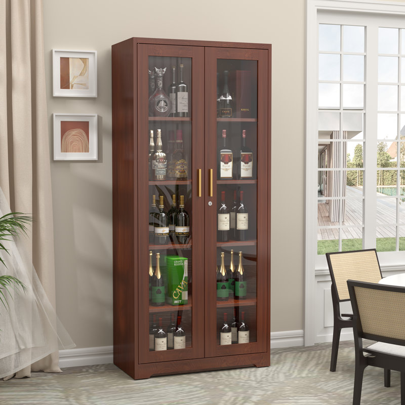 Glass Display Cabinet, Display Case with Glass Doors and Shelves, Metal Curio Cabinets with Locking, 71" Tall Bookcase with Glass Doors for Home, School, Clinic (Wood Color)