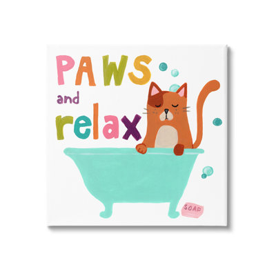 " Paws & Relax Cat Bathtub Bathroom Restful Phrase " by June Erica Vess