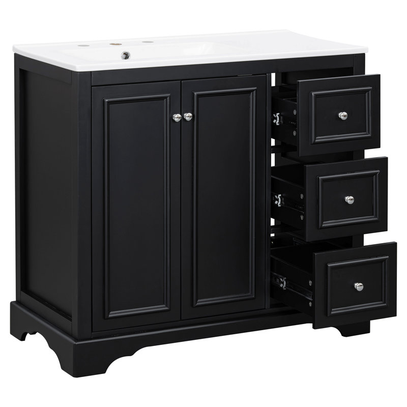 Meuble-lavabo transitionnel 36 po avec lavabo en céramique de 36 po - Comprend 2 portes à fermeture en douceur, une tablette réglable en forme de U, 3 tiroirs (dont un avec séparateur), une finition peinte et un grand espace de rangement
