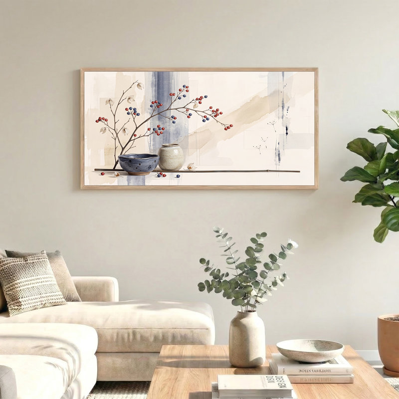 Branches de baies rouges et bleues avec vases en céramique sur toile neutre, L 58 po x H 28 po