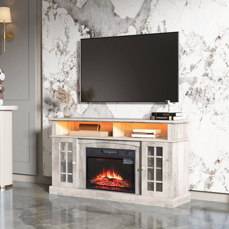 Meuble télé Alex avec foyer électrique et bande DEL Bluetooth, Gris