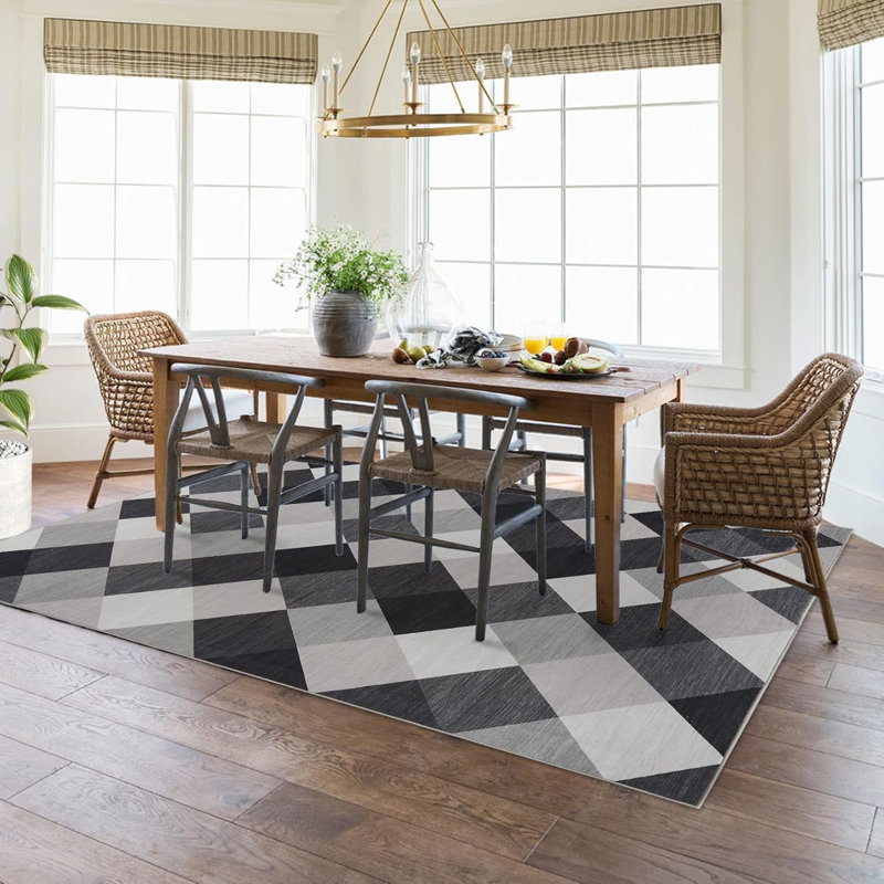 Machine Washable Plaid Runner Rug for Hallway, Kitchen, Bedroom, Living Room, 2x6, Navy & White, Abstract Geometric Design