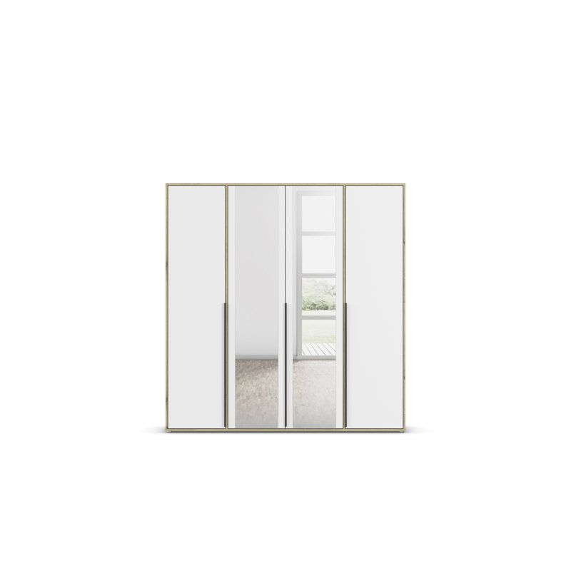Hinged door wardrobe NAGata with modern handles with mirror, Alpine White/Artisan Oak, 194cm H x 140cm W x 53cm D