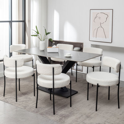 Boucle Dining Chairs Set Of 6, Upholstered Dining Room Chairs With Black Metal Legs, Round Modern Dining Chair For Dining Room, Kitchen