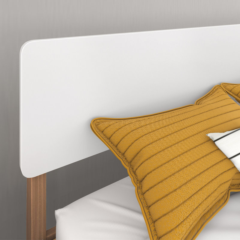 Mid-Century Modern Full-Size White and Pecan Wood Platform Bed