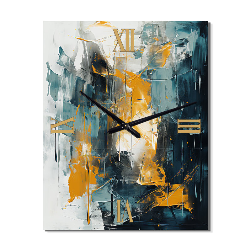 Horloge murale «Bliss Of Happiness» en jaune et bleu III - Collages abstraits surdimensionnés, H 32 po x l 24 po x P 1 po