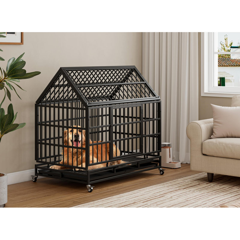 Cage pliante en métal pour grand et moyen chien, cage avec toit pointu et plateau amovible