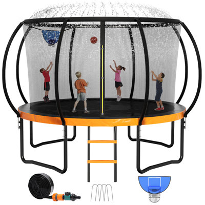 12 FT Trampoline With Sprinkler, Basketball Hoop, And Ground Stakes – Safe Outdoor Fun For Kids And Adults