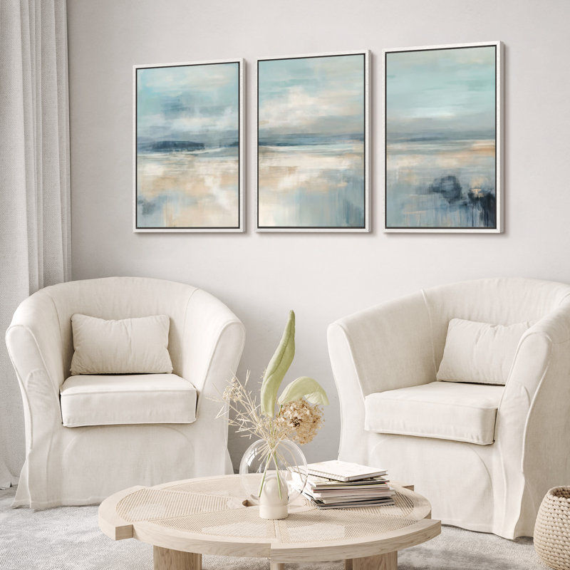 «Light Blue and Sand Coastal Abstract», reproduction d'art sur toile encadrée de la chambre principale, 3 pièces, Blanc