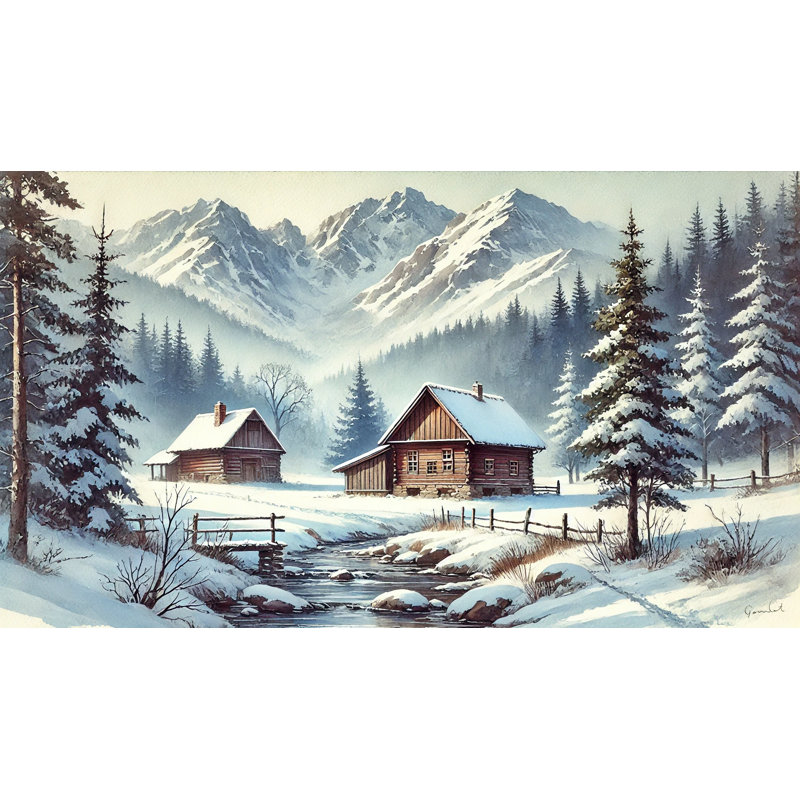 Impression sur toile Tranquil Winter Homestead: Alpine Cabins and Frosty Creek, H 24 po x l 42 po
