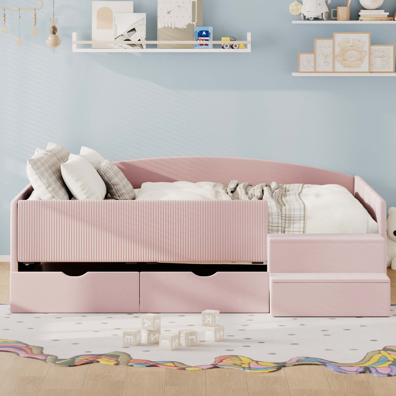 Cadre de lit de jour rembourré peu encombrant avec deux tiroirs de rangement, Rose