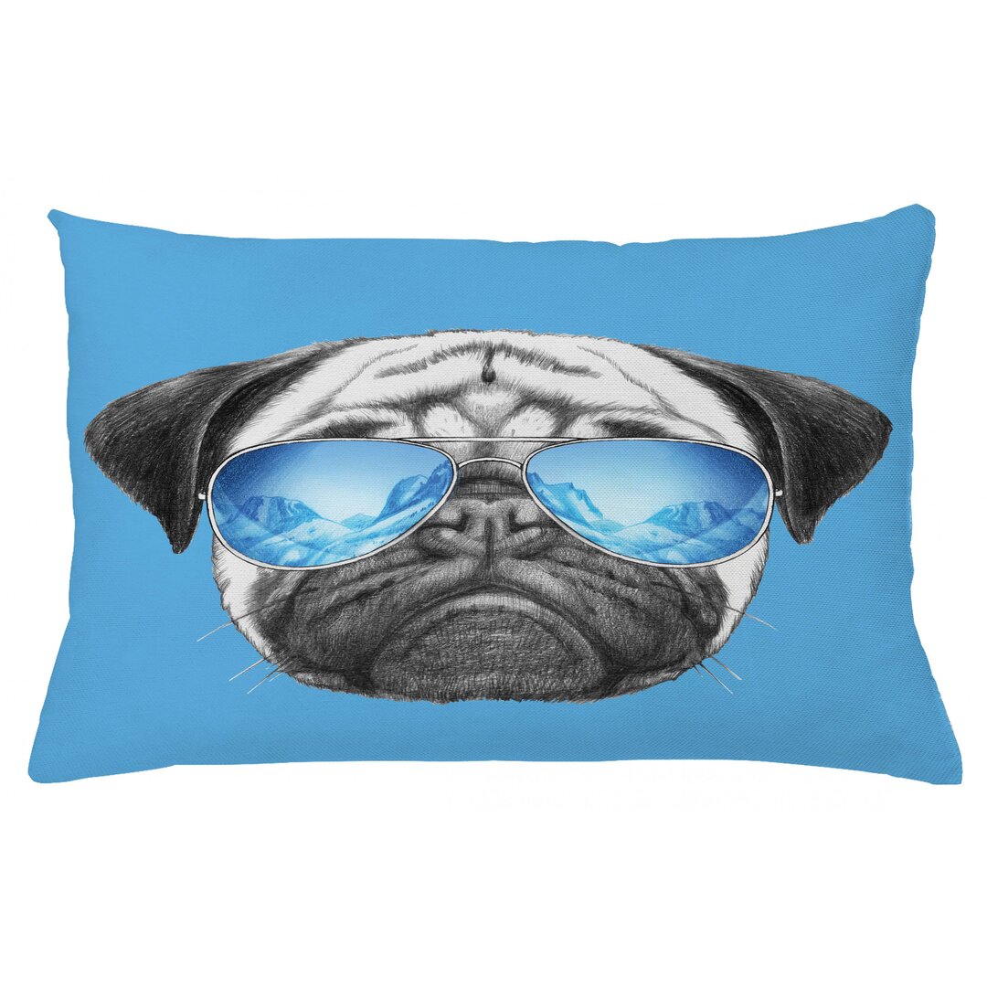 Kissenbezug, Portrait mit Sonnenbrille, Mops, Schwarz Perle Blau