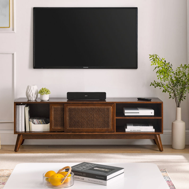 59 Inch Mid Century Modern Rattan Tv Stand For 65 Inch Tv, Entertainment Cabinet, Media Console For Living Room Media Room, Solid Wood Feet & Rattan Cabinet Doors