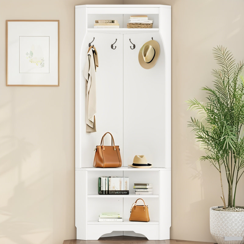 Minimalist Corner Hall Tree With Shoe Bench - 4 Hooks & Adjustable Shelf For Entryway/Living Room, White