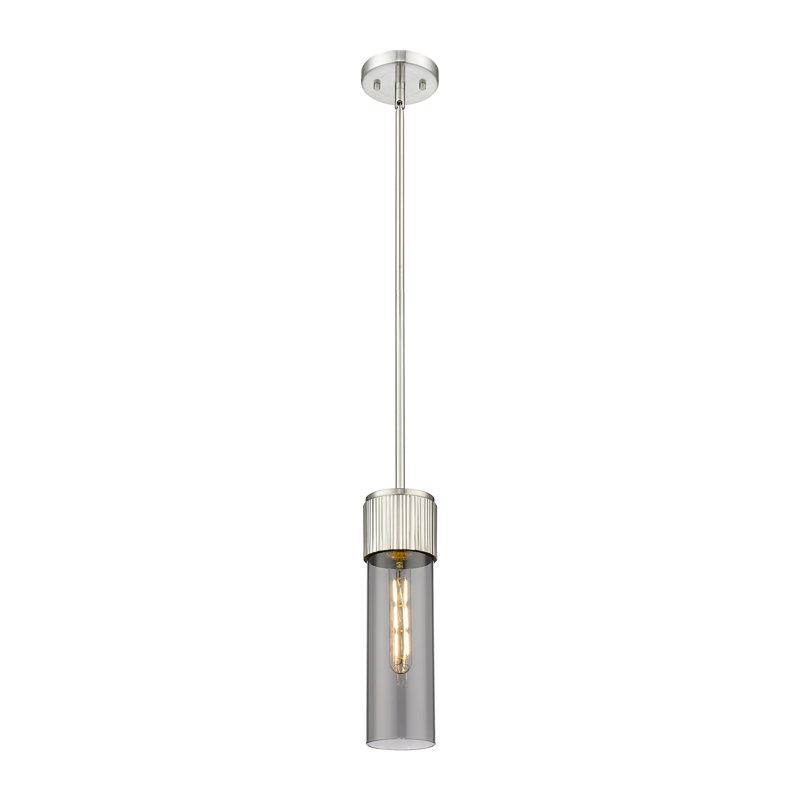 Bolivar - Luminaire suspendu 1 tige 12 po - Finition nickel satiné - Abat-jour verre fumé clair, H 13,5 po x l 4 po x P 4 po