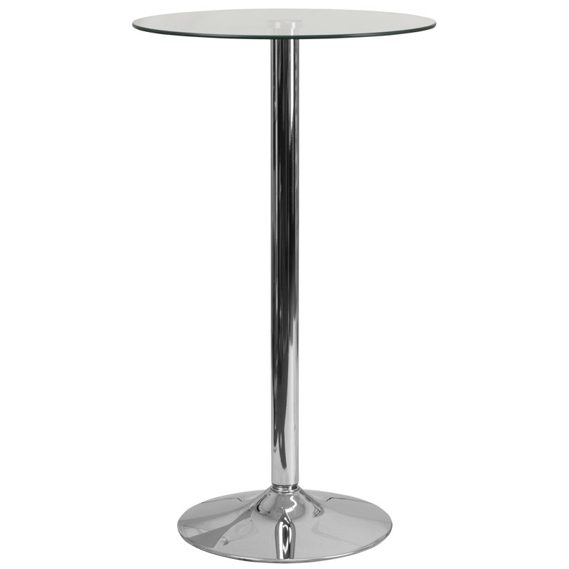 Helmscott Round Glass Event and Cocktail Table with Chrome Base, Bar Height (41.75" Height)