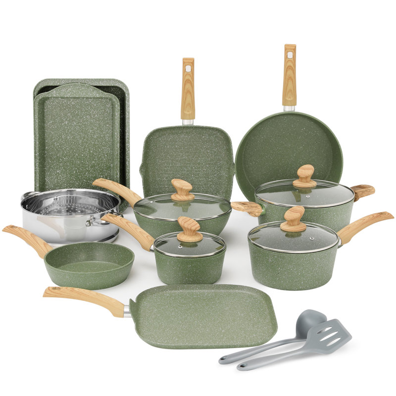 17 - Piece Non-Stick Aluminum Cookware Set, Green/Natural