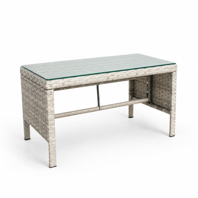 Table basse d'extérieur avec plateau en verre trempé transparent, osier en rotin de polyéthylène durable et structure en fer robuste