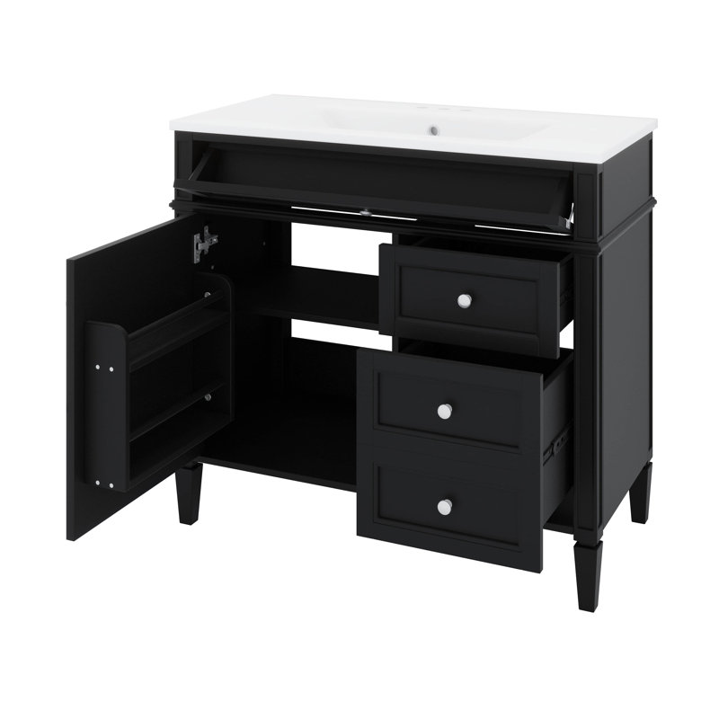 Meuble-lavabo de 36 pouces avec lavabo supérieur, armoire de rangement moderne avec 2 tiroirs et un tiroir basculant, Black