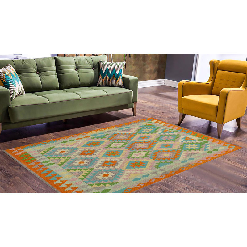 Tapis mauve / orange / vert en laine tissé à la main à motif géométrique 4 pi 3 po x 5 pi 9 po Kemarley