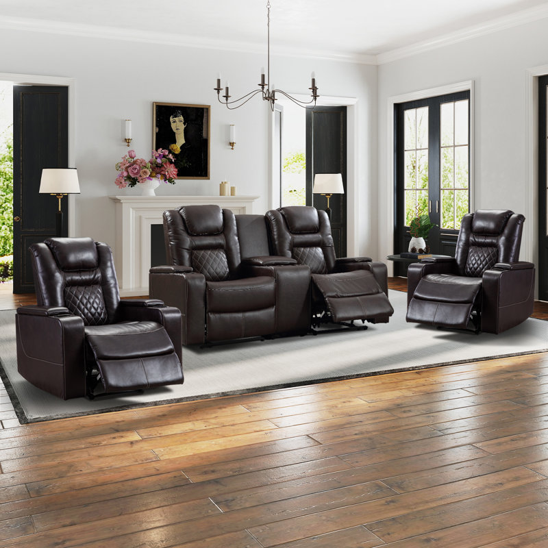 Drennen 3-Piece Power Recliner Home Theater Living Room Set With USB Charging & Storage & Cupholders