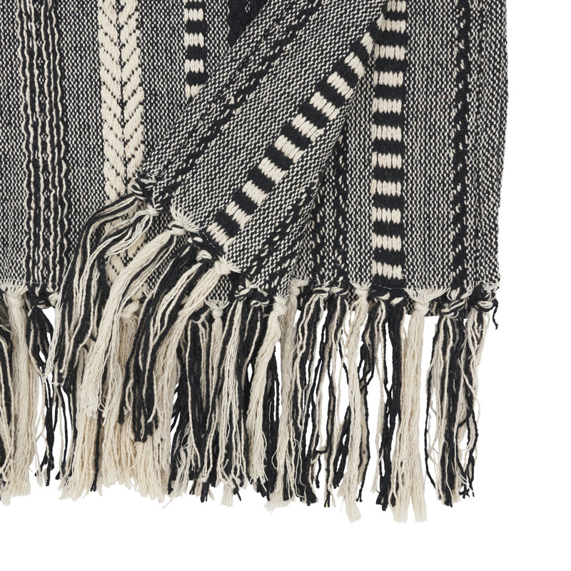 Black and White Cotton Fringe Stripe Table Runner, 14"x72"